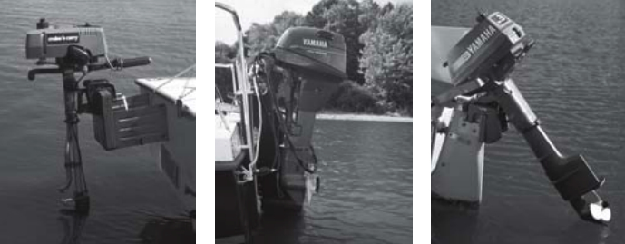 The combination of a fixed bracket and the short shaft outboard, at left, often results in a condition known as cavitation. A partial vacuum is created if the propeller is not deep enough in the water. Since the propeller does not get a good “bite” on the water, the motor overspeeds, which can damage the engine and/or result in pitting the propeller blades. The crème de la crème of outboard motor technology is the four-cycle, electric start, with alternator. A Yamaha four-cycle model is shown in center photo. At right, a novel rudder-mounted outboard allows for easy steering, but the tiller is a bit heavy to handle.