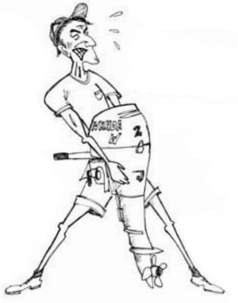 Drawing of a man struggling to hold an outboard motor