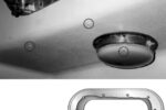 At top, years of dripping from this portlight ruined the dome light below it and dampened anything stored in the area. The powder corrosion visible on the lower flange of the portlight was caused by bad gaskets. The water droplets visible on the liner were coming from under the flange. At left, an illustration of gaps left by the builder which caused leaking many years later.