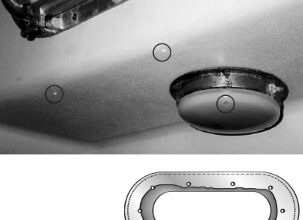 At top, years of dripping from this portlight ruined the dome light below it and dampened anything stored in the area. The powder corrosion visible on the lower flange of the portlight was caused by bad gaskets. The water droplets visible on the liner were coming from under the flange. At left, an illustration of gaps left by the builder which caused leaking many years later.