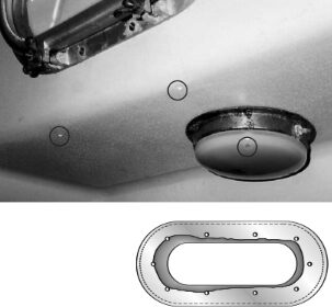 At top, years of dripping from this portlight ruined the dome light below it and dampened anything stored in the area. The powder corrosion visible on the lower flange of the portlight was caused by bad gaskets. The water droplets visible on the liner were coming from under the flange. At left, an illustration of gaps left by the builder which caused leaking many years later.