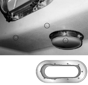 At top, years of dripping from this portlight ruined the dome light below it and dampened anything stored in the area. The powder corrosion visible on the lower flange of the portlight was caused by bad gaskets. The water droplets visible on the liner were coming from under the flange. At left, an illustration of gaps left by the builder which caused leaking many years later.