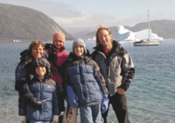 The Martin gang on the beach in Greenland, at right: Jaja with Holly in front and Teiga in back, Chris, and Dave.