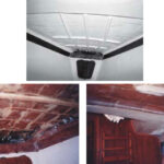 The finished V-berth overhead, above, has been left without the liner so any future leaks will be easy to detect. Photos on facing page show sections of marine ply ripped to small pieces to replace rotten balsa core and also the addition of one of the stiffener beams used to reinforce the deck.