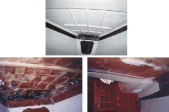 The finished V-berth overhead, above, has been left without the liner so any future leaks will be easy to detect. Photos on facing page show sections of marine ply ripped to small pieces to replace rotten balsa core and also the addition of one of the stiffener beams used to reinforce the deck.