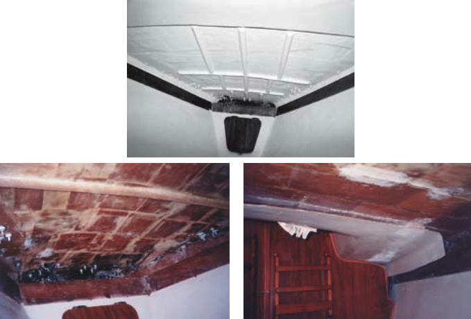 The finished V-berth overhead, above, has been left without the liner so any future leaks will be easy to detect. Photos on facing page show sections of marine ply ripped to small pieces to replace rotten balsa core and also the addition of one of the stiffener beams used to reinforce the deck.