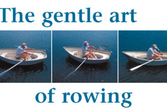 Preparing for the power stroke, above at left. The position of the blades in the water during the power stroke, center. The oars are feathered on the return stroke, right.