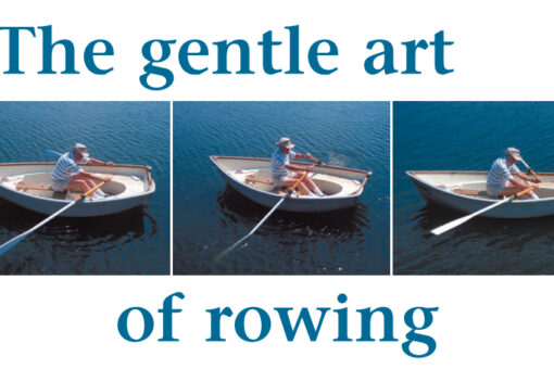 Preparing for the power stroke, above at left. The position of the blades in the water during the power stroke, center. The oars are feathered on the return stroke, right.