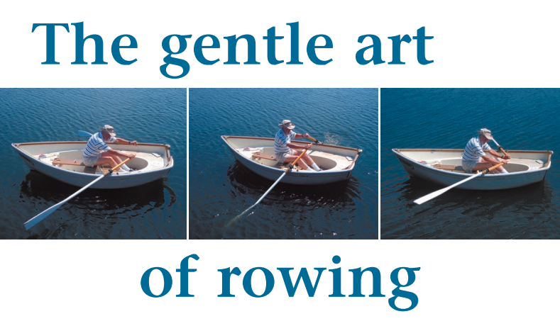 Preparing for the power stroke, above at left. The position of the blades in the water during the power stroke, center. The oars are feathered on the return stroke, right.