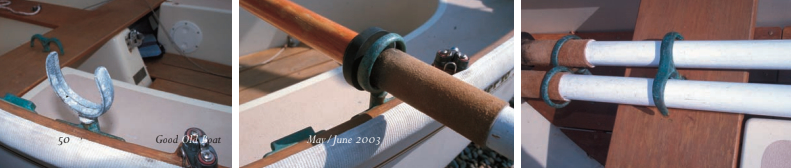 The unpinned “horn” type oarlock, below left, allows feathering. Round oarlocks, below center, keep the oarlocks on the oars and still allow feathering. An oar yoke is used to hold the oars in place when they’re not in use or to lock them down to prevent theft, below right.