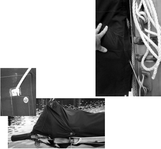 Not having a sail cover that wraps around the mast makes it easier to get to halyards and cleats, above. The addition of a nose cone protects the brightwork on the bowsprit, at left.