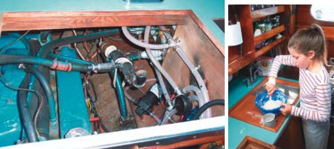 Access to the engine starter wiring and other parts was vastly improved with the new countertop cutout for the sinkboard, at left. Author Tom Young’s daughter, Mary Jane, makes bread on facing page.