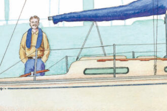 Drawing of a man on a small boat