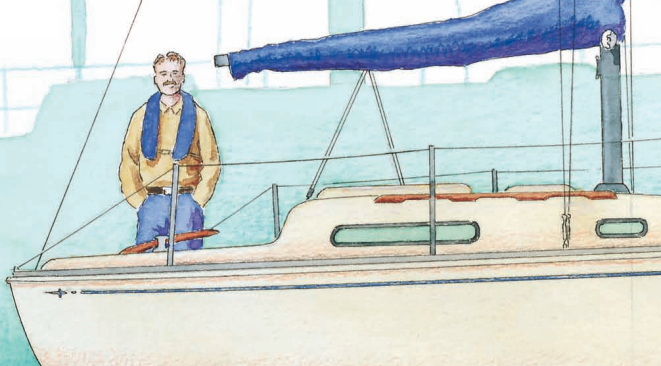 Drawing of a man on a small boat