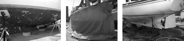 The bottom of Don’s boat before the soda-blasting operation, at left. A plastic tent, center, is built around the boat’s hull. At right, the hull is now down to the bare gelcoat and is slightly abraded, making it an ideal painting surface. It is now ready for a barrier coat and bottom paint or bottom paint only.