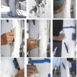 Crevice corrosion on the mast (Photos 1 and 2) is obvious as it bubbles up between the layer of paint and the aluminum mast. The first step (Photo 3) is removal of all traces of corrosion first with a scraper, then with a wire brush, and finally with 80- and 120-grit sandpaper. Next, etch the surface with an acid solution (Photo 4) and apply primer (Photo 5). Sand the primer layer with 220-grit sandpaper (Photo 6) and spot-paint with a thinned coat followed by a layer of top coat. Hand-sand with 220-grit paper. The final coat is a thinned layer. First spread the paint horizontally but finish with a vertical stroke to prevent curtains (Photos 7 and 8). The finished mast is Photo 9.