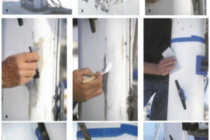 Crevice corrosion on the mast (Photos 1 and 2) is obvious as it bubbles up between the layer of paint and the aluminum mast. The first step (Photo 3) is removal of all traces of corrosion first with a scraper, then with a wire brush, and finally with 80- and 120-grit sandpaper. Next, etch the surface with an acid solution (Photo 4) and apply primer (Photo 5). Sand the primer layer with 220-grit sandpaper (Photo 6) and spot-paint with a thinned coat followed by a layer of top coat. Hand-sand with 220-grit paper. The final coat is a thinned layer. First spread the paint horizontally but finish with a vertical stroke to prevent curtains (Photos 7 and 8). The finished mast is Photo 9.
