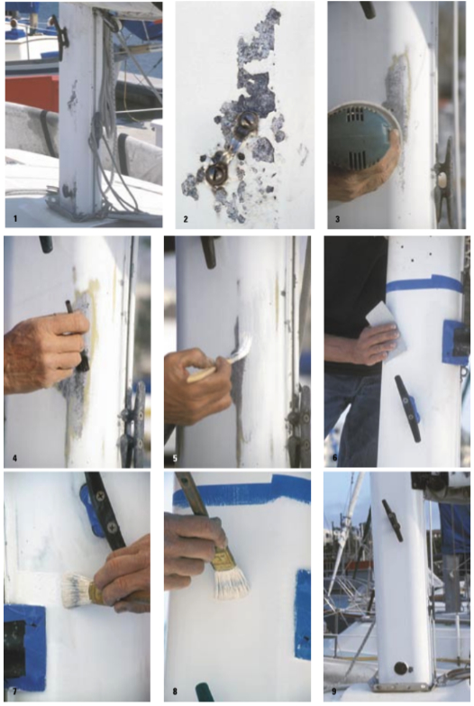Crevice corrosion on the mast (Photos 1 and 2) is obvious as it bubbles up between the layer of paint and the aluminum mast. The first step (Photo 3) is removal of all traces of corrosion first with a scraper, then with a wire brush, and finally with 80- and 120-grit sandpaper. Next, etch the surface with an acid solution (Photo 4) and apply primer (Photo 5). Sand the primer layer with 220-grit sandpaper (Photo 6) and spot-paint with a thinned coat followed by a layer of top coat. Hand-sand with 220-grit paper. The final coat is a thinned layer. First spread the paint horizontally but finish with a vertical stroke to prevent curtains (Photos 7 and 8). The finished mast is Photo 9.