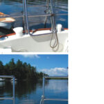 Echo’s new stern ladder allows access without requiring ninja-like agility. Andrew says the new stanchions at the opening were the major expense in the project, but they match the existing boat hardware better. Notice the round access ports in the transom of this C&C 29.