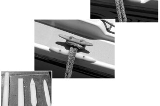 Strakes in use on Al’s boat at the bow, at far right, and stern, above. Steps in forming the strakes, at left.