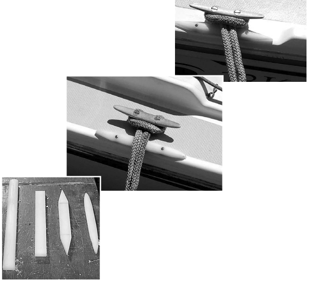 Strakes in use on Al’s boat at the bow, at far right, and stern, above. Steps in forming the strakes, at left.