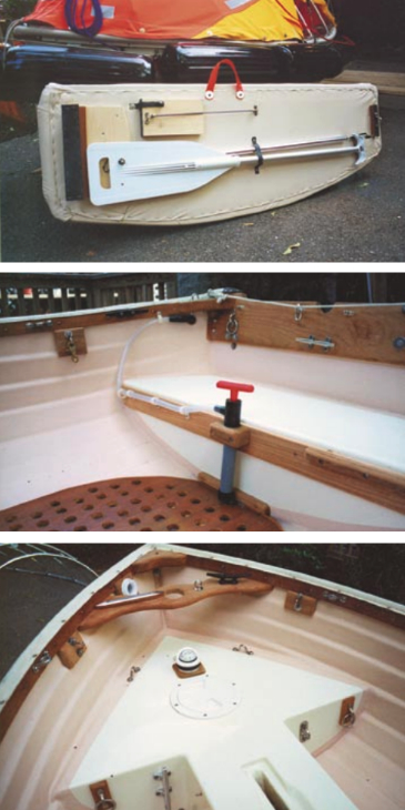 Michael’s lifeboat includes these modifications and innovations shown from top to bottom: a sleeping bench with storage beneath, a small pump for bailing, and a compass mounted in the bow.