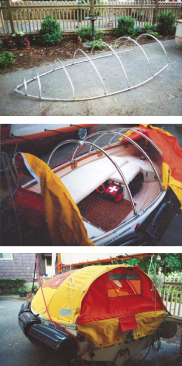 Its assembly, shown on facing page from top, includes a removable canopy top made from aluminum tubing, a Sunbrella covering, and heavy-duty fenders secured on the outside of the completely enclosed craft, shown at bottom.