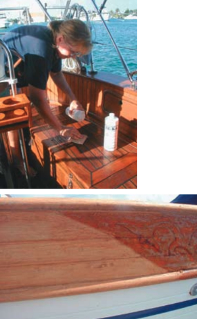 Cathy McIntire, at left, loves the teak on her boat and says maintaining it is just a matter “attitude.” The bulwark on her Baba 30 gets a makeover, below.
