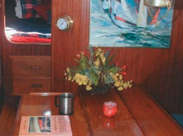 The well-maintained saloon of author Cathy McIntire’s Baba 30, above.