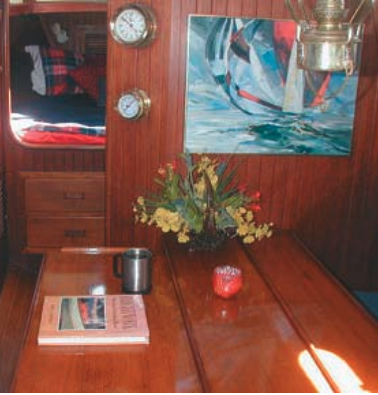 The well-maintained saloon of author Cathy McIntire’s Baba 30, above.