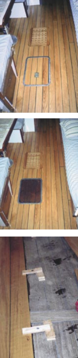 Replacing the teak cabin sole was one of Ken’s projects on his Allied Seabreeze 35 yawl, at top. He chose a cheery red oak for the conversion. When he substituted the old hatch for the newer replacement, at right center, the difference in color between the worn teak and the new oak floor covering was striking. An earlier step in that sole conversion, at right, also shows the contrast between the two woods.
