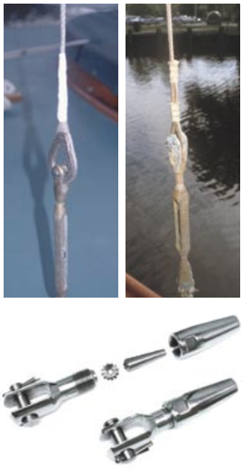 A wire splice fitting, at left above, is created with spliced wires in the same way that rope strands are spliced together; the splice work is covered with rigging tape here. A double Nico-press terminal, above right. The parts that make up the Hi-MOD swageless terminal offered by Hayn Enterprises, above.