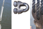 A deadeye, above, a bulldog clamp, center, and a swaged fitting, at left.