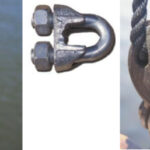 A deadeye, above, a bulldog clamp, center, and a swaged fitting, at left.