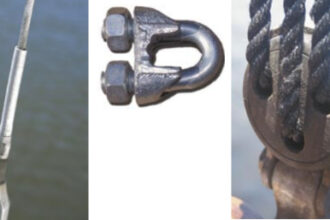 A deadeye, above, a bulldog clamp, center, and a swaged fitting, at left.