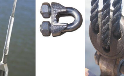 A deadeye, above, a bulldog clamp, center, and a swaged fitting, at left.
