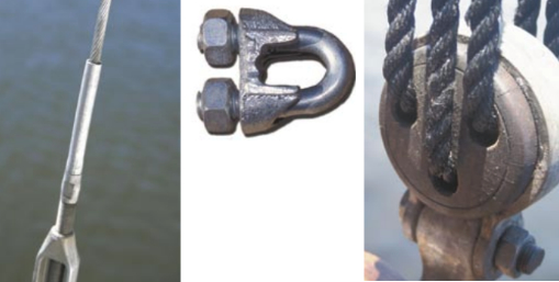 A deadeye, above, a bulldog clamp, center, and a swaged fitting, at left.