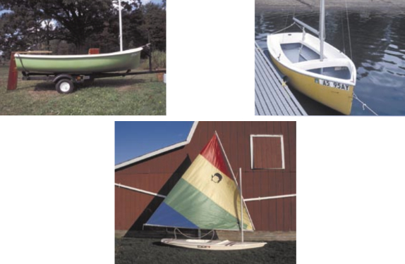 Dinghy-type daysailers, like the O’Day 12, at left, and the Jester, at right, are drier than their boardboat cousins and will accommodate a crew of two or three. If you’re interested in a close-to-the-water experience or the simplicity of off-the-beach sailing, a boardboat like the AMF Minifish, below, may be the boat for you.