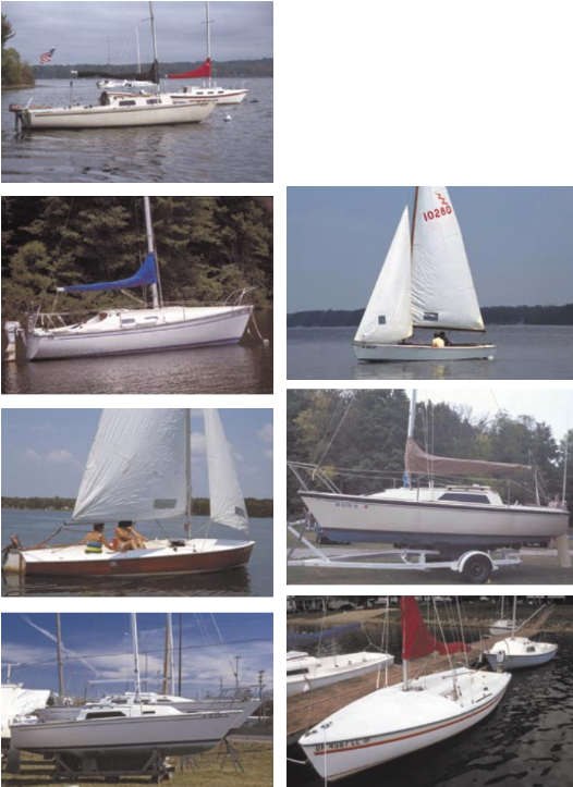 Facing page from top: Shark, a performance-oriented pocket cruiser; Chrysler 22, a pocket cruiser meant for cruising rather than racing; Flying Scot, a popular one-design racer with a strong national racing organization; and Pearson 23, another performance-oriented pocket cruiser. Above from top: Lightning, another popular one-design racer; O’Day 222, a performance-oriented pocket cruiser; and Sunfire 17, a stable daysailer perfect for taking the family out for a day’s picnic cruise.