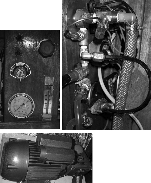 On the author’s boat: the control panel front and back, above, and the high-pressure pump, at left.