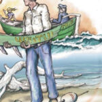 Illustration of a man collecting a boat board from driftwood