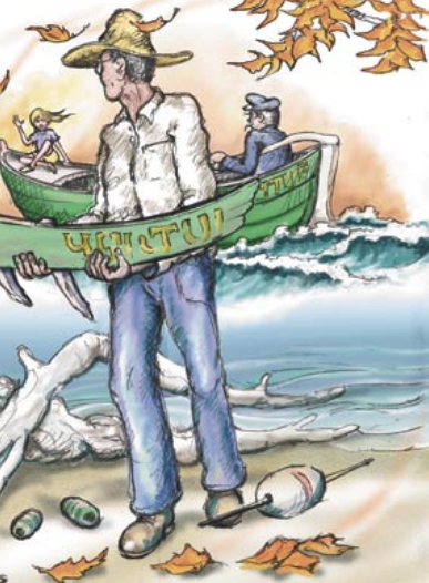 Illustration of a man collecting a boat board from driftwood