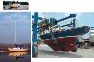 Rolph Townshend and Joan Hamilton’s Skybird, hull #550, shows her classic Alberg lines in the photos at left, while Alan Kefauver’s Andante, hull #152, shows the lovely lines of Alberg’s full keel, at right. All are members of the Chesapeake Bay Alberg 30 One-Design Association, one of the most active sailing associations in the country. See photo of a typical group rendezvous on Page 6.