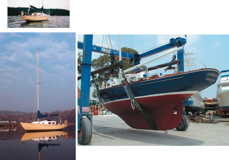 Rolph Townshend and Joan Hamilton’s Skybird, hull #550, shows her classic Alberg lines in the photos at left, while Alan Kefauver’s Andante, hull #152, shows the lovely lines of Alberg’s full keel, at right. All are members of the Chesapeake Bay Alberg 30 One-Design Association, one of the most active sailing associations in the country. See photo of a typical group rendezvous on Page 6.