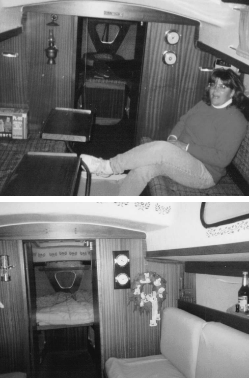 In top photo, Cheryl Warren enjoys the comforts of home below decks. Since this photo was taken, she’s recovered the cushions. The photo below is of the little doll house just purchased by Sam and Rachel Thompson. Named Kwan Yin, this Vega came complete with all the original manuals and an updated interior. In spring they will sail her along the New England coastline.