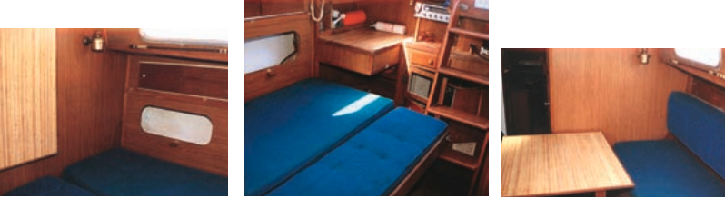 The interior of Howard Hering’s Scooter II demonstrates the ultimate “Transformer-toy boat:” table up at left, bed extended in center, table down at right.