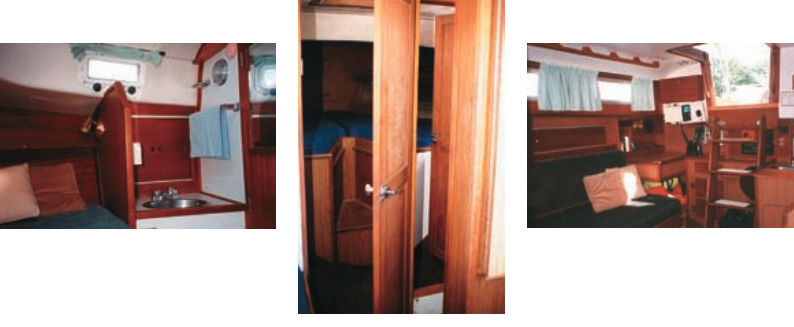 The head is a two-part affair, as the Meades’ shot at left shows. The wash basin is in the V-berth area. The head is in a separate space. Howard Hering’s photo, at center, illustrates the unusual door arrangement. The Meades’ nav station, at right.