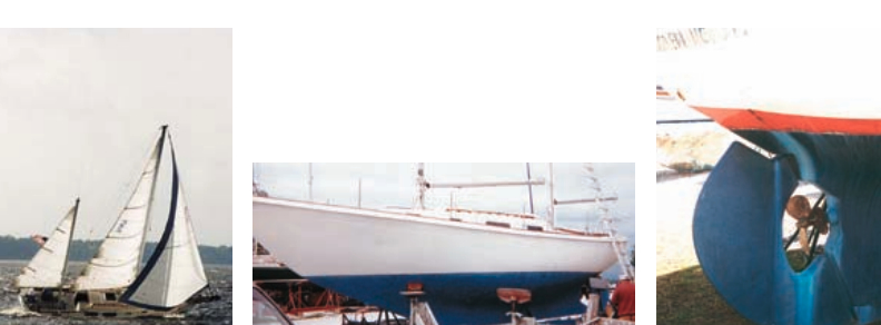 At left, Martin and Georgea Culpepper’s hull #2, Galatea, crosses the finish line as the winner of the Fairfield Harbour Yacht Club race. The Meade’s Catskill Maid shows her underwater profile, below, and Howard Hering’s Scooter II exhibits the Seawind II’s three-bladed bronze prop, at right.