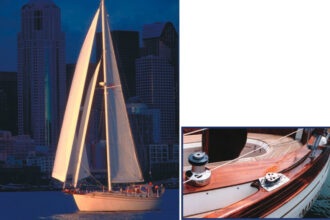 The Baba 40 has nice lines whether viewed up close from the cockpit or at a distance. Yohelah under sail, at right. The name, Yohelah, is Salish (the language of the Puyallup Tribe) for eagle.