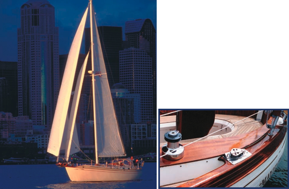 The Baba 40 has nice lines whether viewed up close from the cockpit or at a distance. Yohelah under sail, at right. The name, Yohelah, is Salish (the language of the Puyallup Tribe) for eagle.